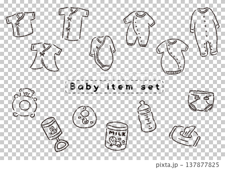 ベビー用品の手描き風モノクロ線画セット ベビー用品の手描き風モノクロ線画セット 137877825