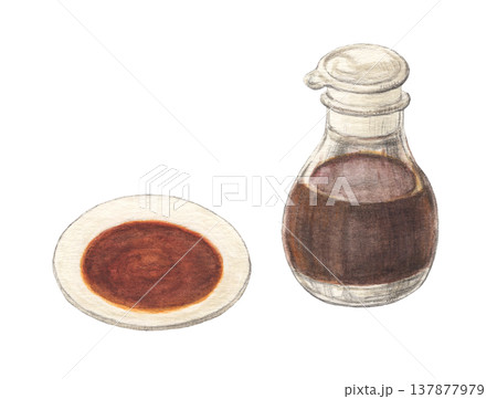 小皿に入った醤油と醤油差し　水彩色鉛筆イラスト 137877979