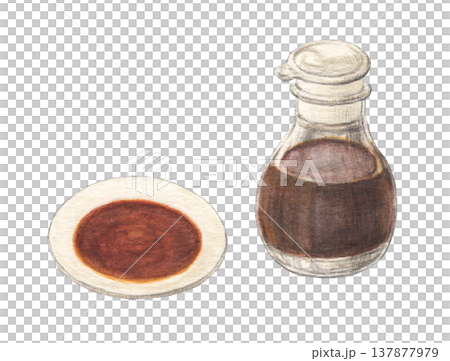 小皿に入った醤油と醤油差し　水彩色鉛筆イラスト 137877979