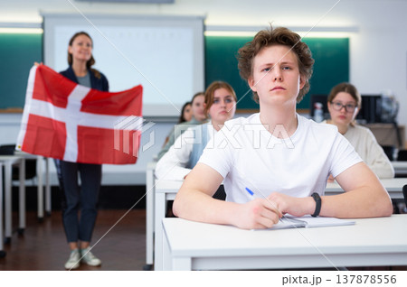 Teacher stands behind students with flag of Denmark Teacher stands behind students with flag of Denmark 137878556