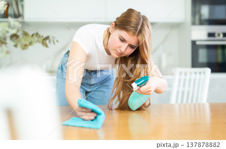 in kitchen,positive housewife in casual clothes holds rag in hands and cleans surface of table in kitchen,positive housewife in casual clothes holds rag in hands and cleans surface of table 137878882