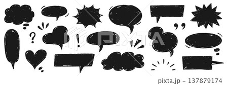 Doodle speech bubble set. Speech bubble doodle crayon hand drawn text cloud chalk box frame background. Comic balloon chat sketch with pastel pattern texture decoration. Vector 137879174