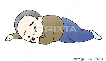 横たわり涙を流す高齢男性の手描きイラスト 横たわり涙を流す高齢男性の手描きイラスト 137879261