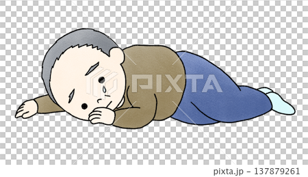 横たわり涙を流す高齢男性の手描きイラスト 横たわり涙を流す高齢男性の手描きイラスト 137879261