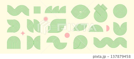 Light green boho line element collection. Mid century geometric pink decor and zigzag objects. Bohemian decorative wave and curve form set for badge, logo, card, poster, banner. Vector wavy arc shapes 137879458