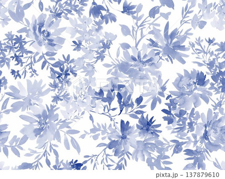 水彩手書きの青い草花のシームレスパターン。オシャレな草花の壁紙。 137879610