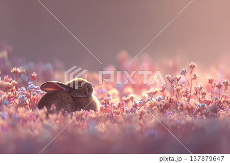 Relaxed Rabbit Nestled in Blooming Wildflowers Under Soft Sunrise Light 137879647