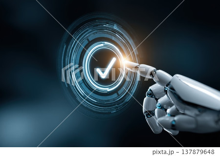 Robotic Hand Interacting with Digital Interface Representing Automation Concept 137879648