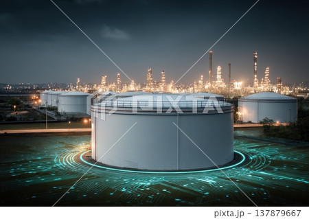 Illuminated Industrial Energy Storage Facility at Night with Advanced Technology Elements 137879667