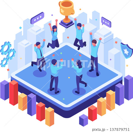 Isometric Business Team Celebrates with Golden Trophy Isometric Business Team Celebrates with Golden Trophy 137879751