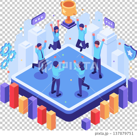 Isometric Business Team Celebrates with Golden Trophy Isometric Business Team Celebrates with Golden Trophy 137879751