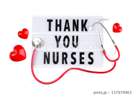 Sign thanks nurses with hearts  stethoscope, isolated, PNG 137879963