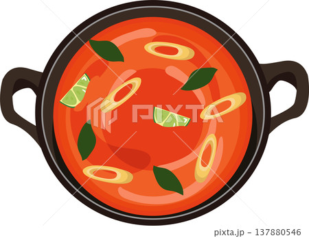 top view of a hot pot filled with tom yum soup, featuring chili, lime, and herbs, suitable for thai food menu, top view of a hot pot filled with tom yum soup, featuring chili, lime, and herbs, suitable for thai food menu, 137880546