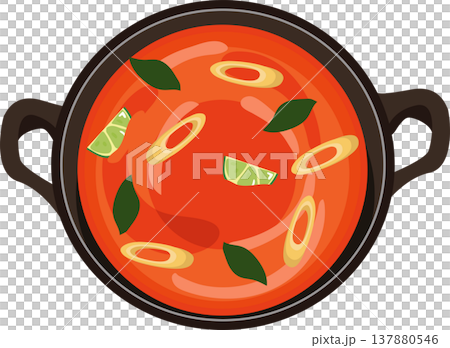 top view of a hot pot filled with tom yum soup, featuring chili, lime, and herbs, suitable for thai food menu, top view of a hot pot filled with tom yum soup, featuring chili, lime, and herbs, suitable for thai food menu, 137880546