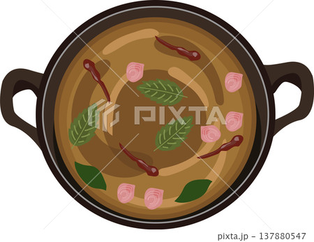 thai hot pot chim chum illustration top view isan style soup with herbs and pork for menu and food design 137880547