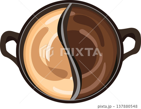divided hot pot dual broth top view vector illustration sukiyaki dark soup and pork bone broth 137880548