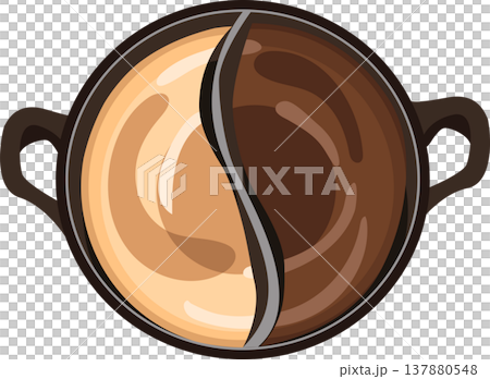 divided hot pot dual broth top view vector illustration sukiyaki dark soup and pork bone broth 137880548