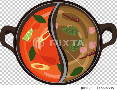 split hot pot with spicy tom yum and herbal chim chum broth top view. for thai food menu design 137880549