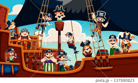 Caribbean kid pirates and corsairs at ship deck on sailing adventure, cartoon vector background. Kid pirates, boy captain corsair and girl sailor in tricorne hat with muskets and sabers on sailboat 137880823