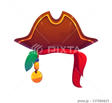 Pirate tricorn hat or corsair and captain headwear with bandana headband, cartoon vector. Caribbean pirate tricorn hat with feather and golden trinket decoration, sailor filibuster and boatswain hat Pirate tricorn hat or corsair and captain headwear with bandana headband, cartoon vector. Caribbean pirate tricorn hat with feather and golden trinket decoration, sailor filibuster and boatswain hat 137880825