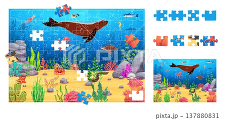 Jigsaw puzzle game pieces with sea animals and underwater landscape, vector cartoon worksheet. Kids jigsaw puzzle game with funny seal, undersea fish with coral reef turtle and octopus characters 137880831