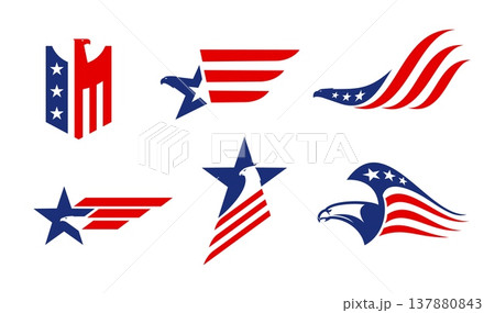American eagle icons with USA flag, united states hawk birds patriotic symbols. Abstract american bald eagle heads and wings vector silhouettes with USA national flag stars and stripes pattern American eagle icons with USA flag, united states hawk birds patriotic symbols. Abstract american bald eagle heads and wings vector silhouettes with USA national flag stars and stripes pattern 137880843