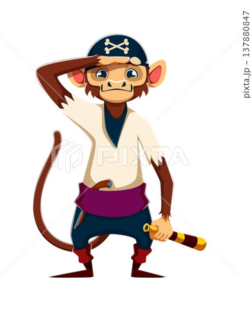 Cartoon monkey animal pirate vector character or corsair holding a spyglass in one hand and watching with the other. Monkey pirate animal dressed in white shirt, purple sash, bandana and trousers Cartoon monkey animal pirate vector character or corsair holding a spyglass in one hand and watching with the other. Monkey pirate animal dressed in white shirt, purple sash, bandana and trousers 137880847