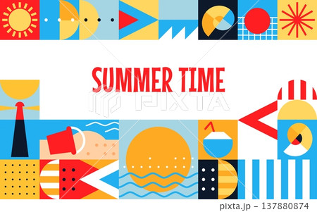 Summer time travel and vacation journey retro poster with geometric pattern. Bright vector sun, lighthouse, beach, watermelon and coconut drink of summer travel promotion or vacation agency banner 137880874