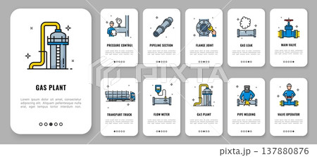 Gas oil industry mobile app onboarding screen, pipeline line vector icons with pressure control, pipeline section, flange joint or gas leak. Main valve, transport truck, flow meter, and pipe welding 137880876
