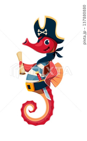 Cartoon seahorse animal pirate crew character with red curled tail and striped blue vest. Vector corsair wears a tricorn hat with crossbones, has a sword on the belt and holds a map scroll in the hand Cartoon seahorse animal pirate crew character with red curled tail and striped blue vest. Vector corsair wears a tricorn hat with crossbones, has a sword on the belt and holds a map scroll in the hand 137880880