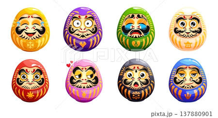 Funny japanese daruma dolls, traditional art of Japan, vector mascots of luck and success. Cartoon round color dolls with funny faces and emotions. Japanese daruma toys, Bodhidharma wishing charms set 137880901