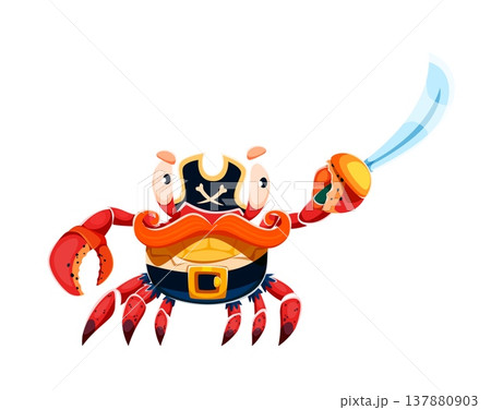 Cartoon red crab animal pirate character. Funny vector crab corsair with big red claws, yellow shell and large orange mustache. One claw holding sharp blue sword. Vector crustacean underwater corsair 137880903
