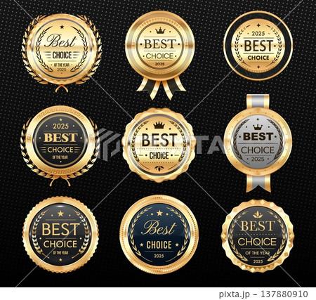 Best choice golden badges and labels, award seals, medal marks with laurel wreaths and ribbons. Vector set of gold quality assurance emblems, premium metallic labels with stars and guarantee symbols 137880910