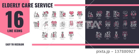 Elderly care service line vector icons set. Senior healthcare and social support symbols. Caregiver, assisted living, nursing home, medical care, home nurse, food delivery, memory care and geriatrics Elderly care service line vector icons set. Senior healthcare and social support symbols. Caregiver, assisted living, nursing home, medical care, home nurse, food delivery, memory care and geriatrics 137880927