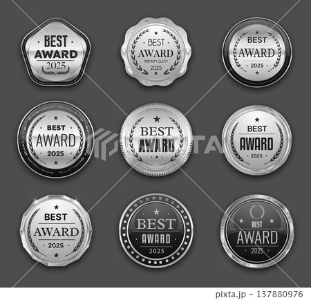 Silver best award seals, badges and labels, luxury medal with laurel wreaths. Premium vector award seals symbolize victory and excellence. Silver badges with metallic sheen for honoring top performer Silver best award seals, badges and labels, luxury medal with laurel wreaths. Premium vector award seals symbolize victory and excellence. Silver badges with metallic sheen for honoring top performer 137880976