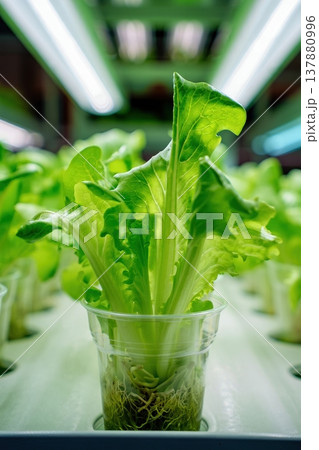 Single hydroponic lettuce in clear cup under LED grow lights for urban farms 137880996