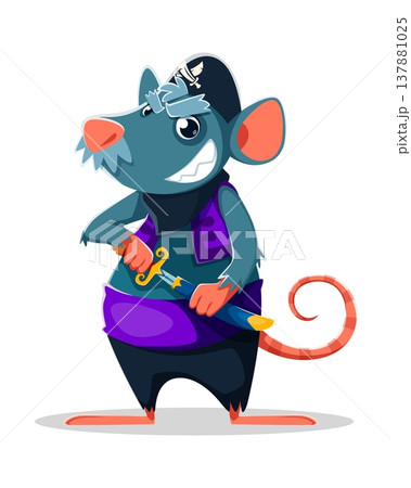 Cartoon rat animal pirate crew character. Vector mouse rodent captain and corsair sailor personage holds a cutlass. Mischievous rat rover standing confidently with a curled tail and sneaky grin 137881025