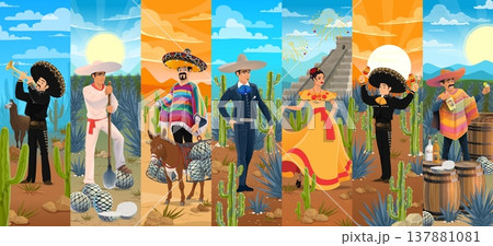Mexican festival characters in national costumes. Cartoon vector mariachi musicians, dancers in traditional dress, men in sombrero or poncho, jimador harvester worker, cowboy charro, donkey with agave Mexican festival characters in national costumes. Cartoon vector mariachi musicians, dancers in traditional dress, men in sombrero or poncho, jimador harvester worker, cowboy charro, donkey with agave 137881081