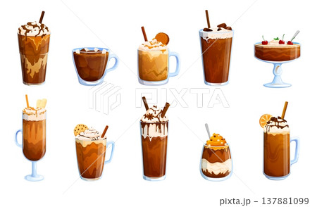 Chocolate dessert and coffee drinks of iced coffee. Creamy cappuccino and chocolate milkshake with whipped cream swirls, syrup topping, caramel drizzle and dark chocolate layers, cookies, marshmallow Chocolate dessert and coffee drinks of iced coffee. Creamy cappuccino and chocolate milkshake with whipped cream swirls, syrup topping, caramel drizzle and dark chocolate layers, cookies, marshmallow 137881099