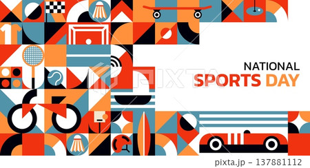 National sports day banner with modern geometric elements, vector background. National Sports Day holiday pattern of geometric sport car, soccer football and bicycle with golf and basketball ball 137881112