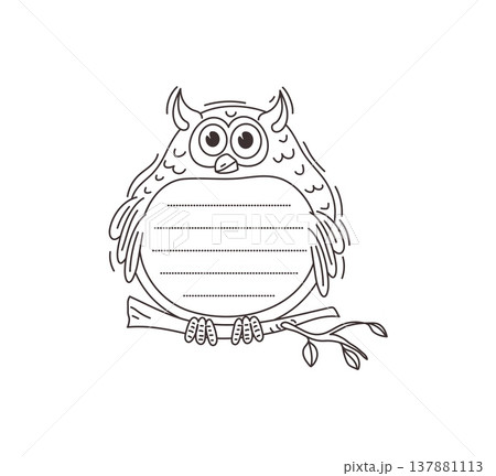 Kids memo note frame with cartoon funny owl bird for message sticker, vector label. Kids memo note or adhesive post for daily agenda plan or to do list notepad page with cute owl on tree branch 137881113