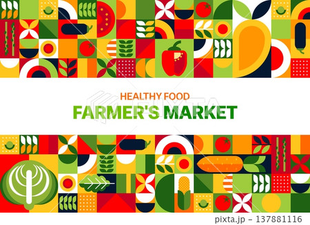Farmer market poster with modern geometric vegetables pattern. Vector bright retro food background with veggie shapes, arranged in colorful grid. Seasonal farming, harvest, healthy lifestyle tile Farmer market poster with modern geometric vegetables pattern. Vector bright retro food background with veggie shapes, arranged in colorful grid. Seasonal farming, harvest, healthy lifestyle tile 137881116