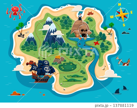 Tropical Caribbean island map with pirate treasures and path to them, vector background. Pirate map of sea or ocean island with corsair ship, octopus and sharks on way to skull rock with treasures Tropical Caribbean island map with pirate treasures and path to them, vector background. Pirate map of sea or ocean island with corsair ship, octopus and sharks on way to skull rock with treasures 137881119