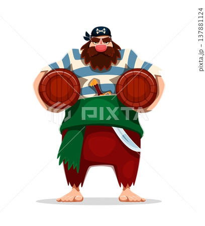 Cartoon pirate character with wooden barrels. Vector personage with beard and mustache, wearing black bandana, striped shirt, green belt, and ripped pants. Charismatic pirate with sword and barrels 137881124
