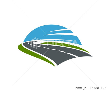 Highway road vector symbol, asphalt route icon. Grey curved highway with white dashed line, blue sky curves above green land. Vector emblem for travel agency, logistics, navigation road icon Highway road vector symbol, asphalt route icon. Grey curved highway with white dashed line, blue sky curves above green land. Vector emblem for travel agency, logistics, navigation road icon 137881126