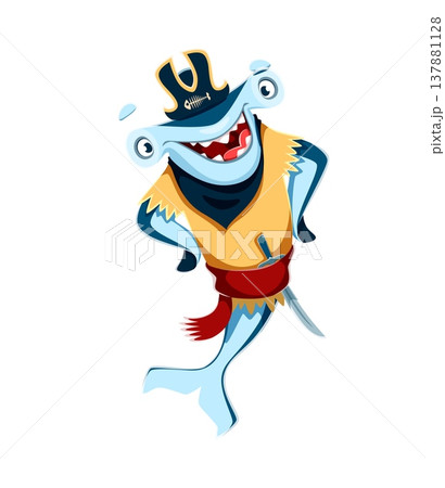 Cartoon hammerhead shark animal pirate vector character in yellow vest, red sash and black tricorn hat with skull. Funny smiling corsair shark marine predator personage carries a cutlass at its side 137881128