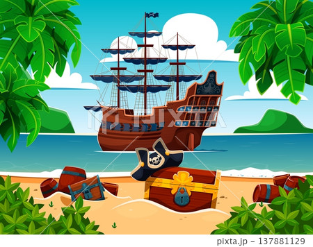 Pirate sail ship and treasure chest on the tropical Caribbean island. Cartoon vector old corsair vessel near the beach with palm trees, wooden trunk, barrels and pirate hat on sand sea adventure scene Pirate sail ship and treasure chest on the tropical Caribbean island. Cartoon vector old corsair vessel near the beach with palm trees, wooden trunk, barrels and pirate hat on sand sea adventure scene 137881129