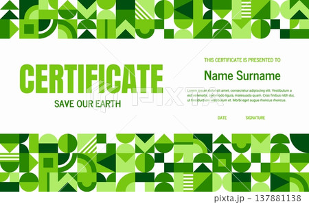 Ecology diploma certificate with geometric pattern. Environmental document template with green geometric shapes. Vector modern Save our Earth appreciation layout with a green abstract modular ornament 137881138