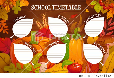 School timetable schedule with autumn fall leaves and seasonal harvest. Weekly planner adorned pumpkins, apples, mushrooms, acorns, wheat spikes and berries. Vector template for homeschooling 137881142