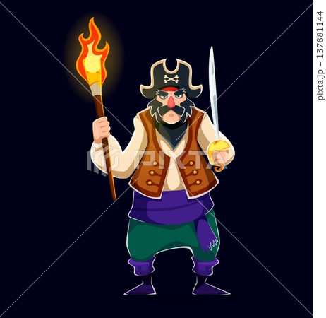 Cartoon stern pirate character with burning torch and sharp saber. Corsair has a thick black mustache, brown vest and purple sash. Vector danger menacing boatswain seaman, bearded filibuster personage Cartoon stern pirate character with burning torch and sharp saber. Corsair has a thick black mustache, brown vest and purple sash. Vector danger menacing boatswain seaman, bearded filibuster personage 137881144